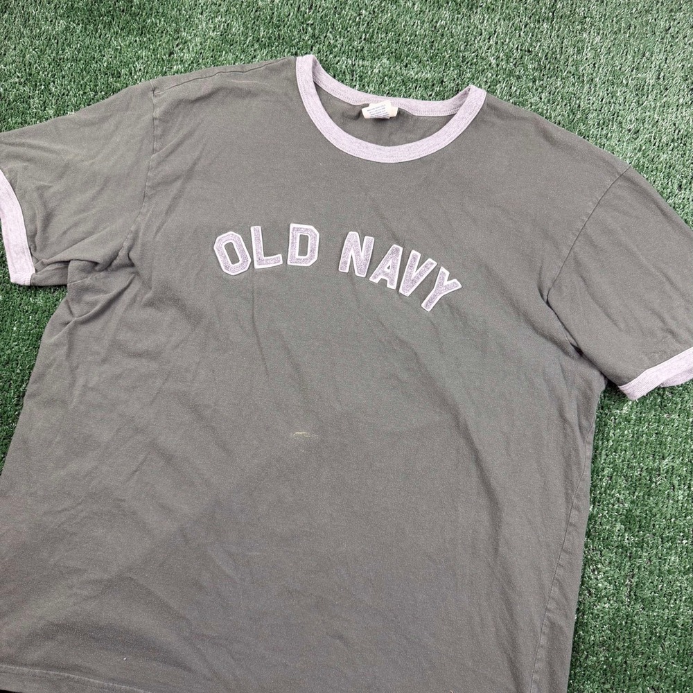 Old Navy Mens Large Ringer T-Shirt Olive Green Grey Logo Graphic Cotton Tee